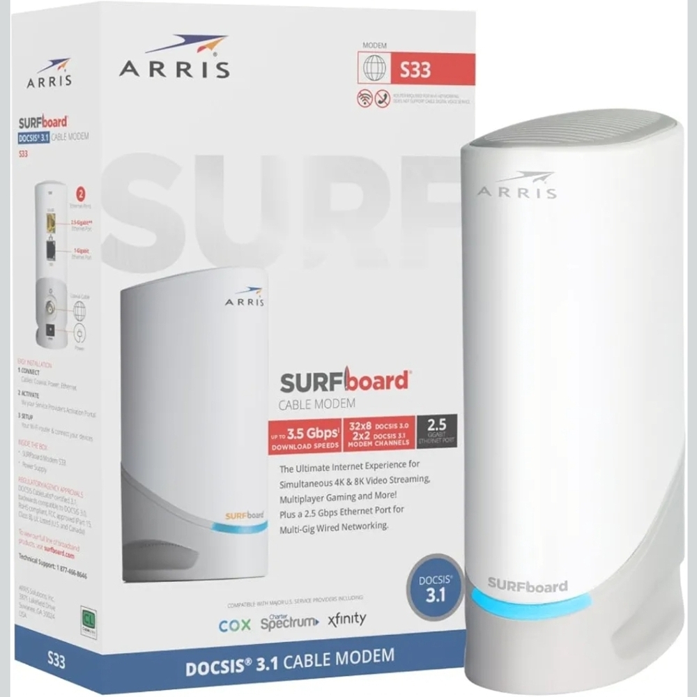 ARRIS (S33) - Cable Modem - Fast DOCSIS 3.1 Multi-Gigabit Cable Modem *New
